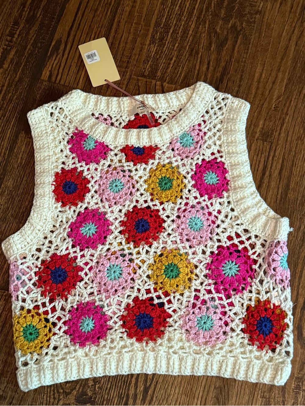 entro Cream Crochet Top with Red, Pink & Yellow floral Accents